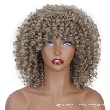 Vigorous Afro Kinky Curly Top Quality Cheap Colorful Fiber With Bangs For Black Women Premium Short Bob Synthetic Wig